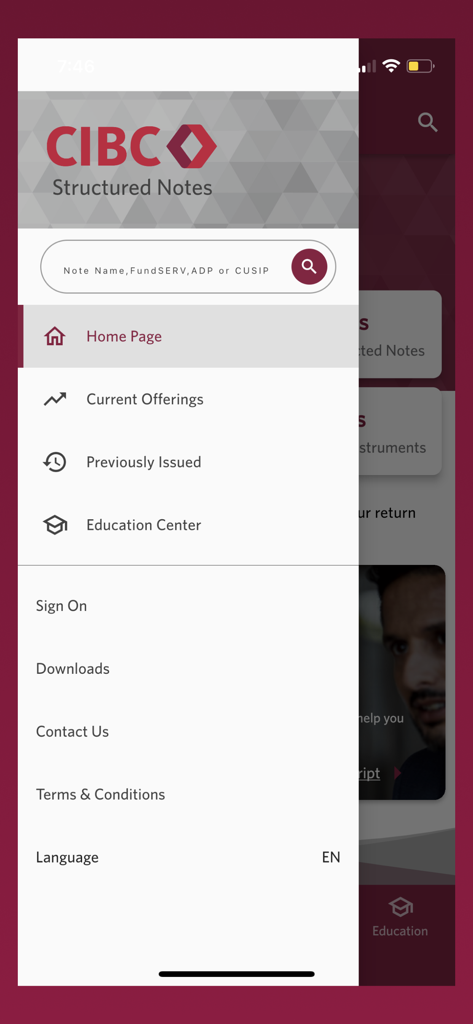 Side navigation menu of the CIBC Structured Notes app featuring links to current offerings previously issued notes and the education center