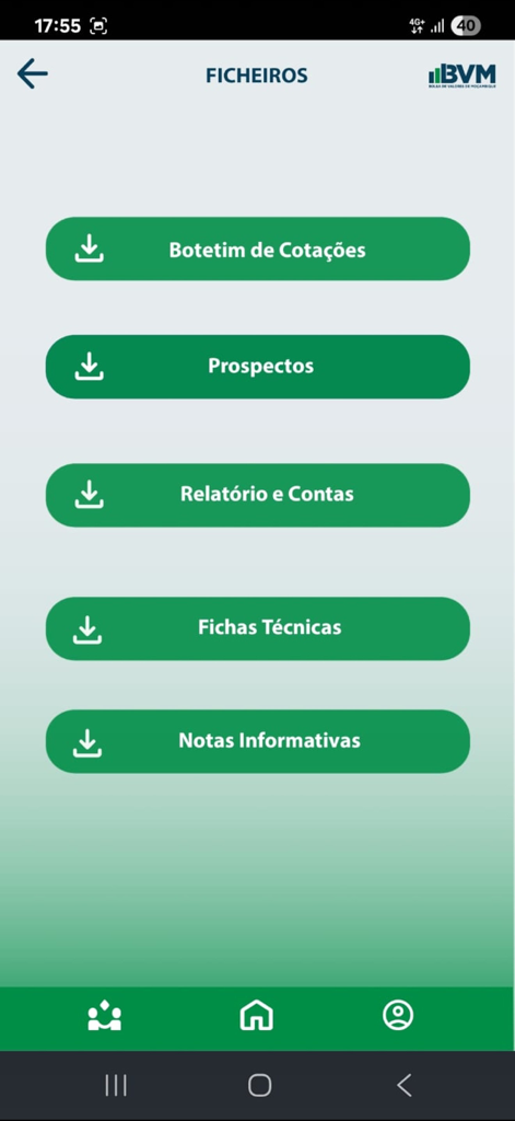 BVM Móvel - Lista de documentos financieros descargables como informes y boletines en la aplicación BVM Movel