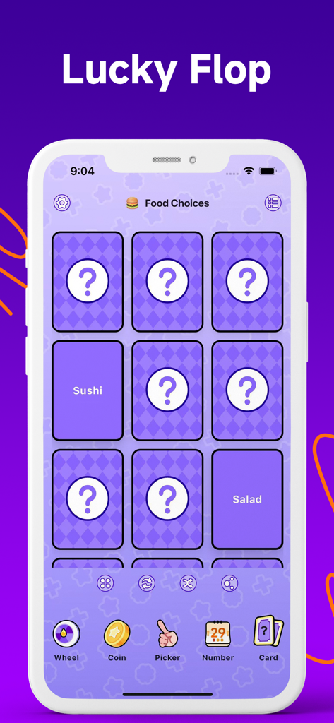 Wheel Spinner • Random Picker - Interface of the Lucky Flop card flipper feature for choosing random food options like sushi or salad.
