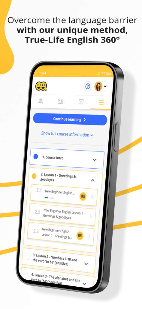 A smartphone displaying the Tutlo app interface with an English course curriculum and lesson list.