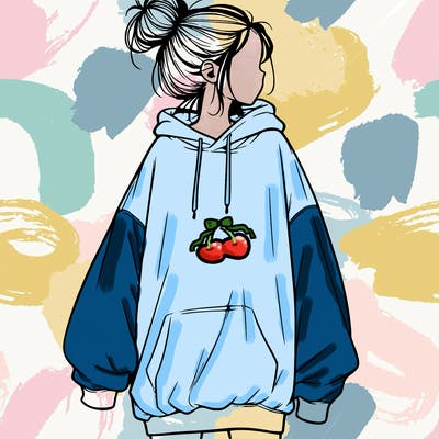 realistic girl with a oversized sweatshirt on and a bun