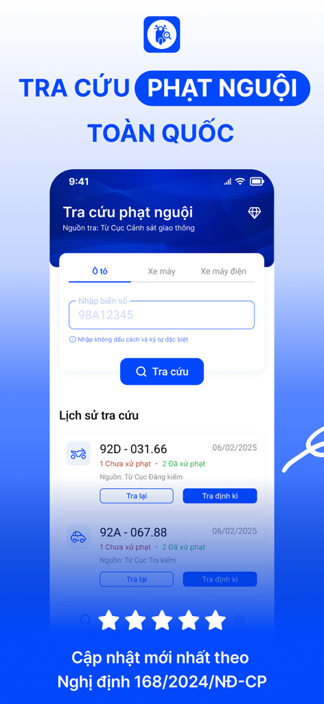 Tra cứu phạt nguội toàn quốc. - Interface of the Vietnam national traffic fine lookup app showing license plate search and history