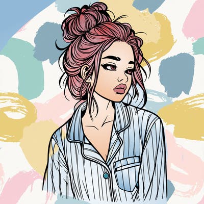 realistic woman with pajamas on and a messy bun
