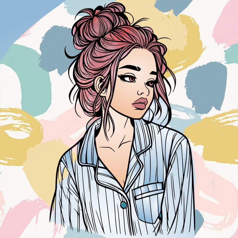 realistic woman with pajamas on and a messy bun