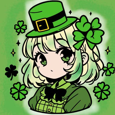 a manga-style girl with clovers around her, a little hat in her hair, like it's saint patrick's day