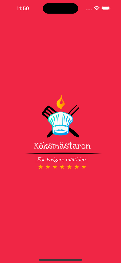 Kitchen Companion app splash screen featuring the Köksmästaren logo with a chef hat and cooking utensils on a vibrant red background.