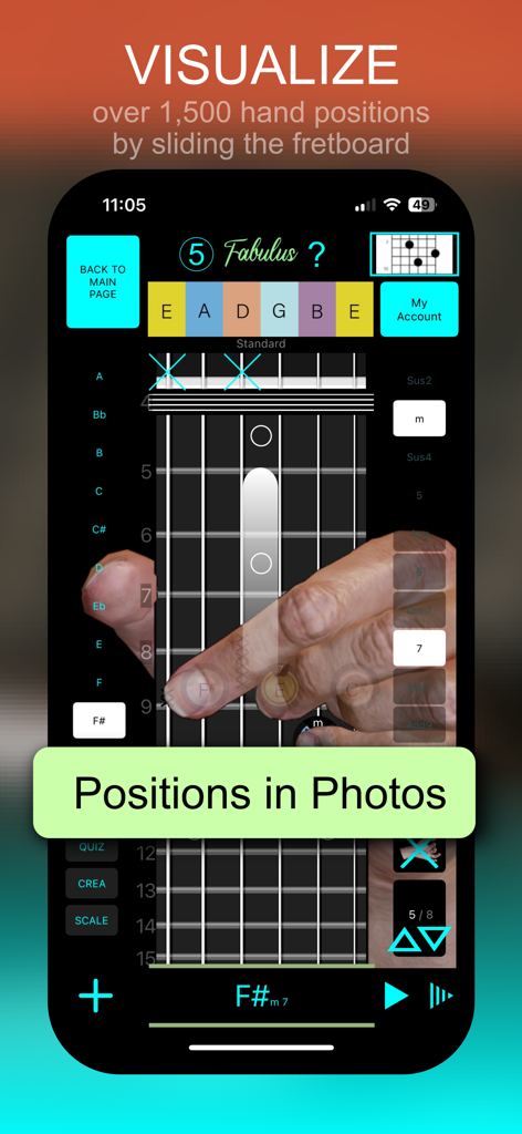 Guitar Chord Finder Fretboard - Interface do aplicativo de guitarra Fabulus mostrando fotos reais das mãos para digitações de acordes em uma escala virtual.
