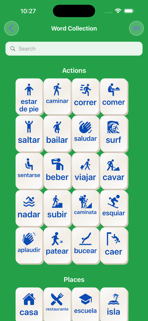 Mahjong Lingo - Spanish vocabulary collection screen with action and place icons in Mahjong Lingo app
