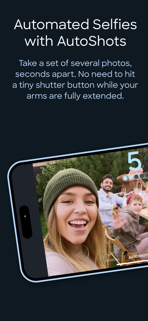 Smartphone screen showing TapShot app AutoShots feature for automated group selfies