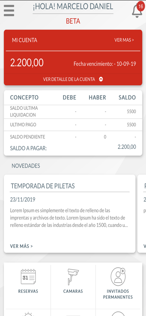 Simple Solutions - Dashboard of the Simple Solutions app showing account balance, community news, and property management shortcuts.