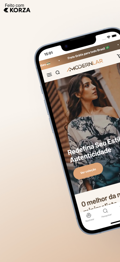 Modernlar - Tela de smartphone exibindo o aplicativo de compras Modernlar com uma mulher elegante em um vestido floral e um botão de call to action para ver a coleção.