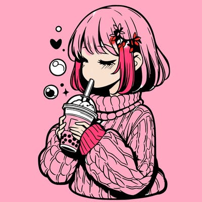 manga girl drinking boba in cozy sweater