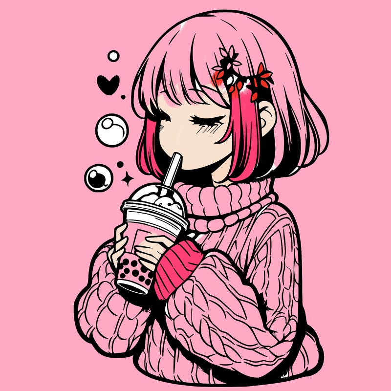 manga girl drinking boba in cozy sweater