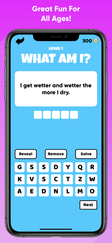 Riddle Me This - Quiz Game - A screenshot of Riddle Me This quiz game showing a level one riddle with a letter grid for the answer.