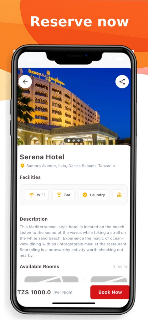タンザニアのダルエスサラームにあるセリーナホテルに関するホテルの予約詳細を表示するテンポ・アフリカモバイルアプリ画面