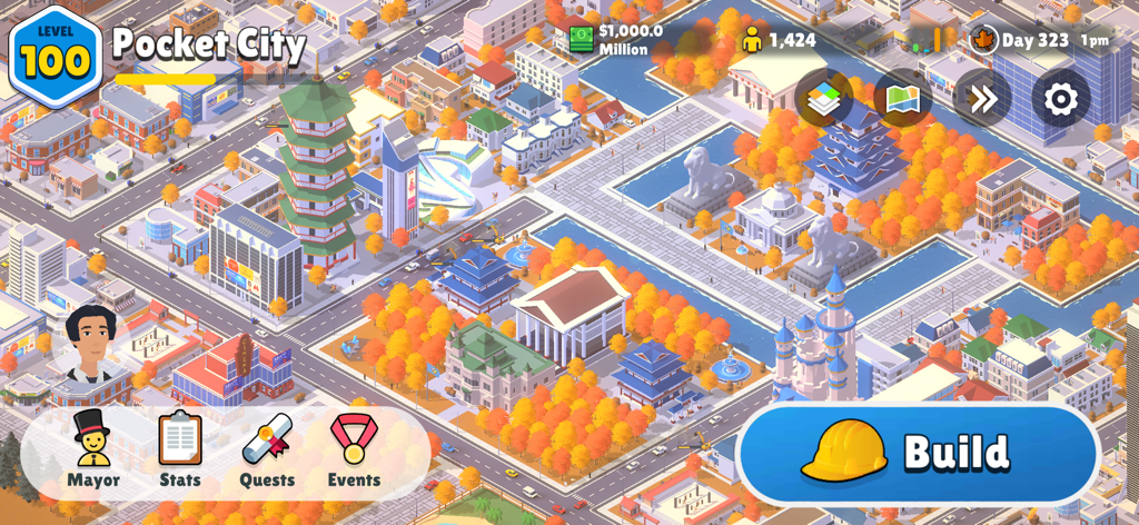 Pocket City 2 - Isometric view of a level 100 city in Pocket City 2 showing buildings and trees in autumn