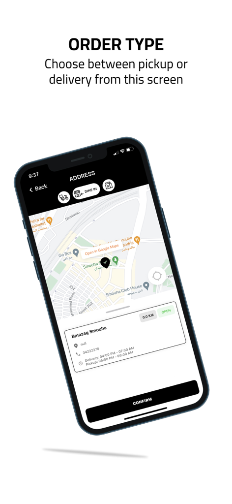Bmazag | بمزاج - Mobile app screen for Bmazag restaurant showing options for pickup, delivery, or dine-in along with an address selection map