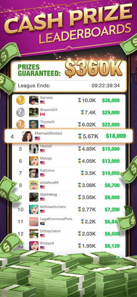 21 Blitz: Real Money Blackjack - Leaderboard showing player rankings and cash prizes in the 21 Blitz app.