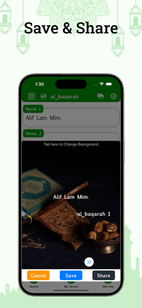 Swahili Quran - Swahili Quran app interface showing the Save and Share feature with a verse graphic overlaid on a decorative Islamic background