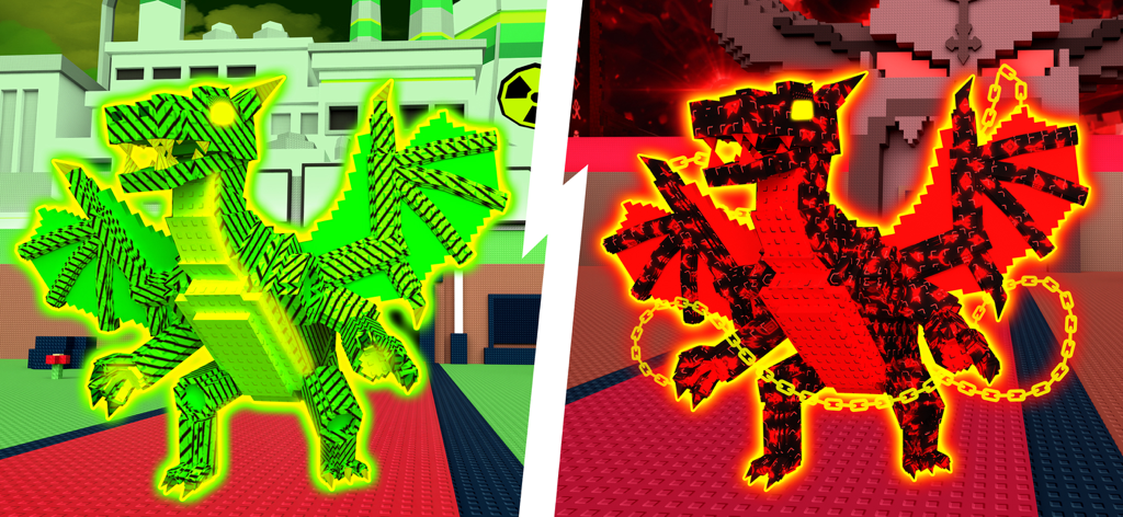 Get All Brainzot: Full Mod - Uma comparação lado a lado de um dragão verde brilhante e um dragão vermelho acorrentado em um ambiente 3D blocoso.