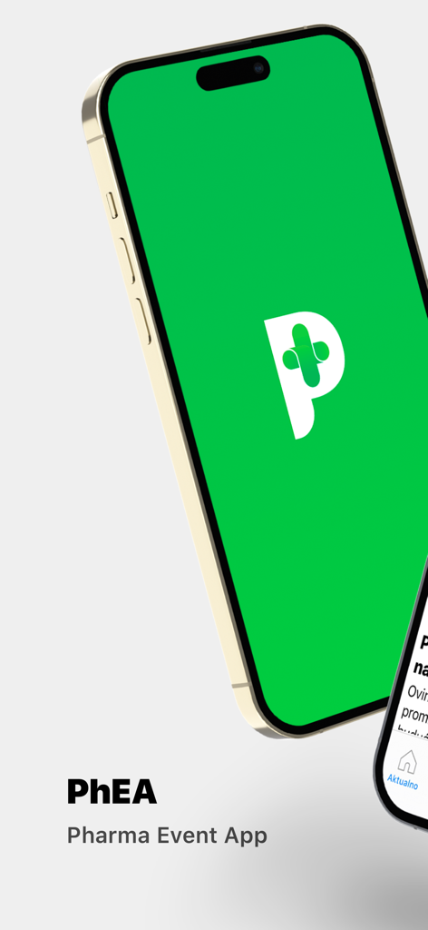 PhEA Pharma Event App welcome screen on a smartphone featuring its green and white logo