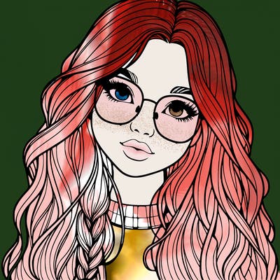 girl with long hair and freckles and glasses realistic
