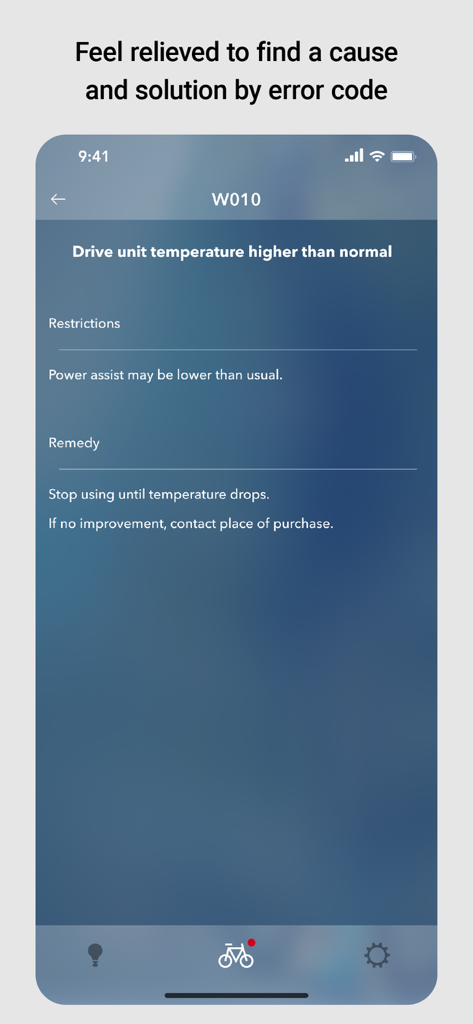 Pantalla de la aplicación E-TUBE PROJECT Cyclist que muestra un diagnóstico de código de error y un remedio para un problema de temperatura de la unidad de accionamiento
