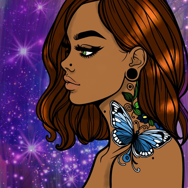 realistic girl with neck butterfly tattoo