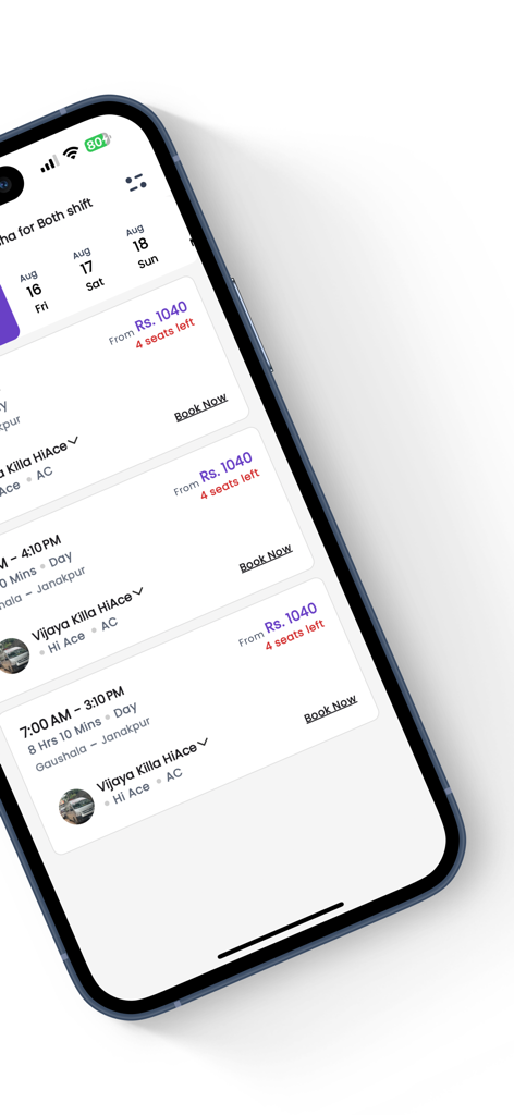 Go My Go - Book Bus Tickets - Pantalla de la aplicación móvil Go My Go que muestra horarios de autobuses, precios y disponibilidad de asientos en Nepal.