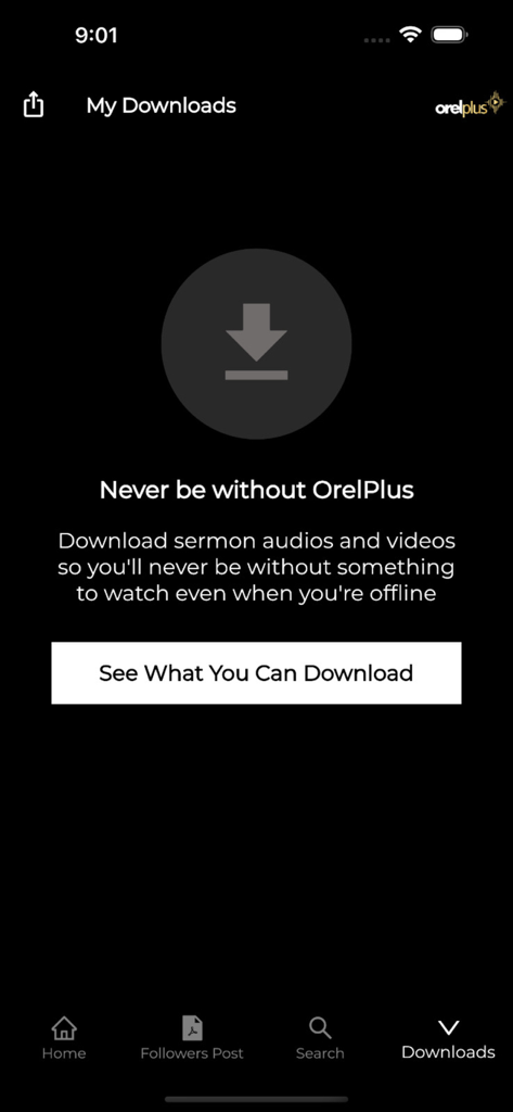 Orel Plus - Der Bildschirm "Meine Downloads" in der Orel Plus App bietet Offline-Zugriff auf spirituelle Videos und Audios.