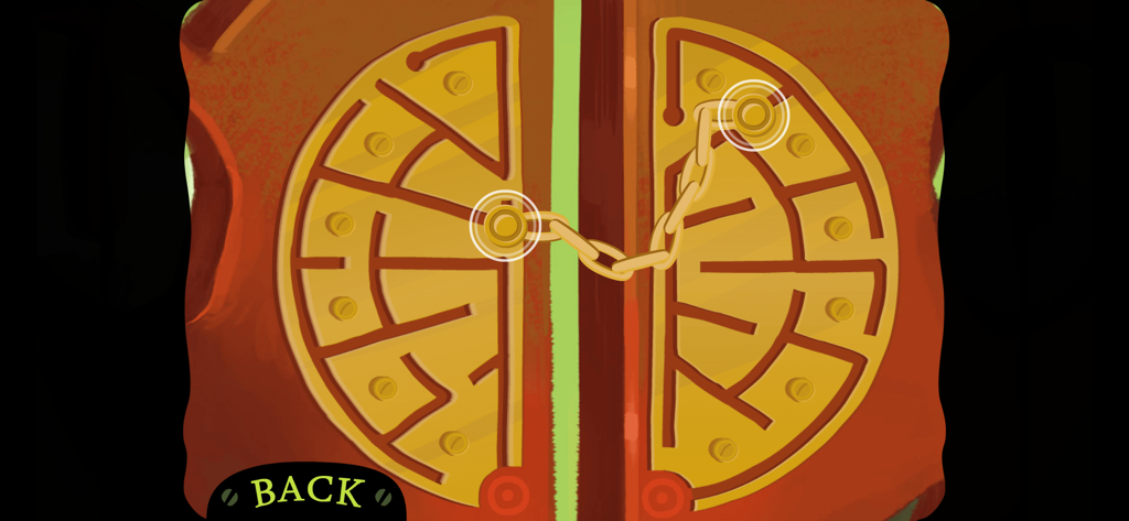 Detective Grimoire - Un acertijo de puerta circular dorada con una cadena y patrones de laberinto en Detective Grimoire