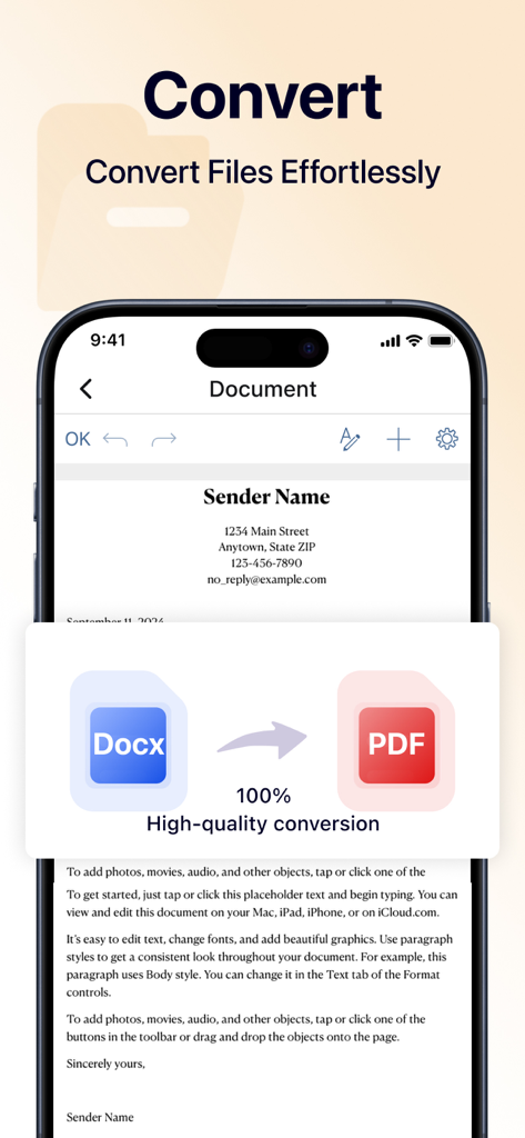 Smartphone-Bildschirm, der zeigt, wie ein Word-Dokument mühelos in eine PDF-Datei konvertiert wird.