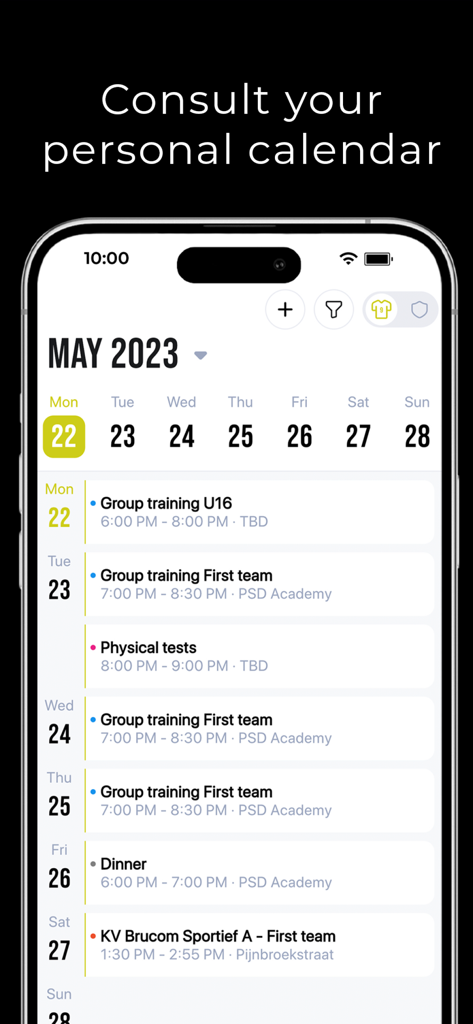 Ein persönlicher wöchentlicher Fußballkalender mit Trainingseinheiten und Spielen in der PSD.io App