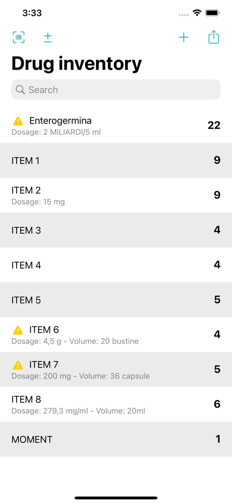 Drug Inventory - Bildschirm einer mobilen App, der eine Liste von Medikamenten mit Lagerbeständen und Warnmeldungen anzeigt
