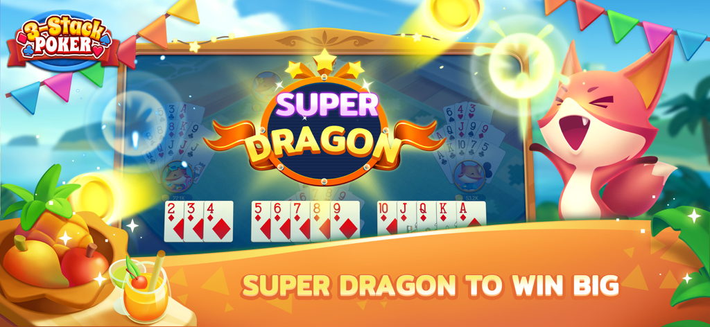 Werbebildschirm für 3-Stack Poker ZingPlay mit einer Super-Drachen-Gewinnerhand und einer fröhlichen Fuchsfigur vor einem tropischen Hintergrund