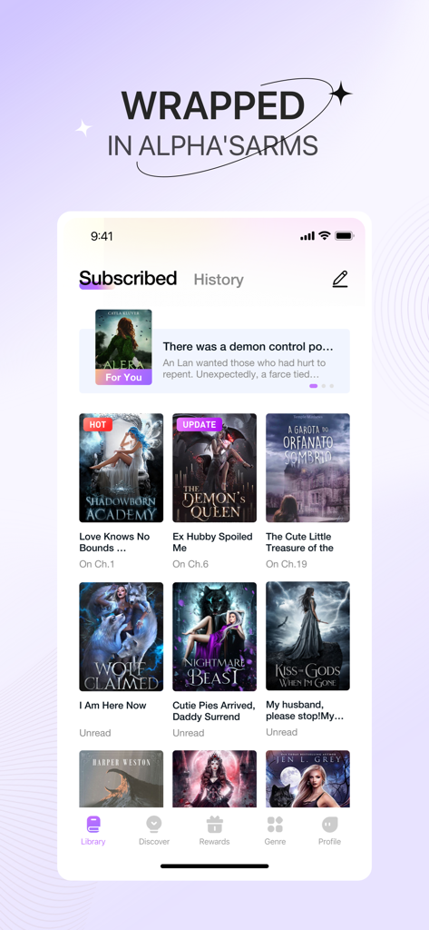 Novellair app screen displaying a library of subscribed romance and fantasy books with titles like Wolf Claimed and Shadowborn Academy.