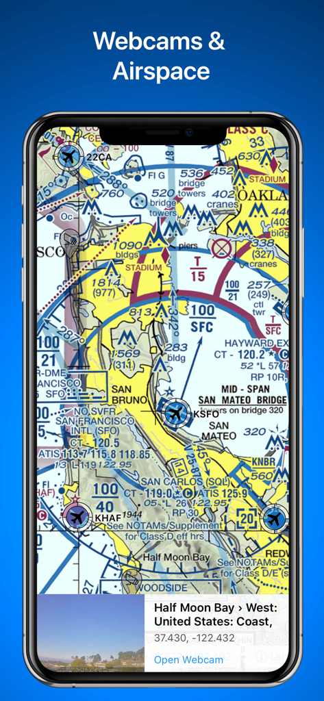 RunwayMap - #1 Pilot Community - RunwayMap app displaying an aviation sectional chart with airspace details and a live airport webcam preview for Half Moon Bay.