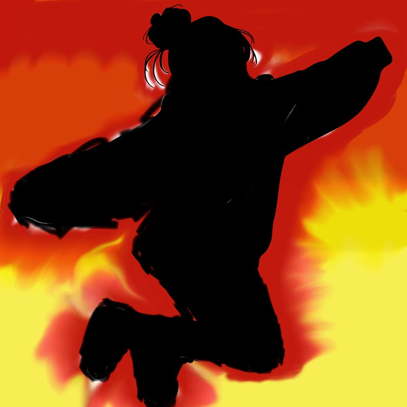 realistic girl jumping with a bun and oversized sweatshirt