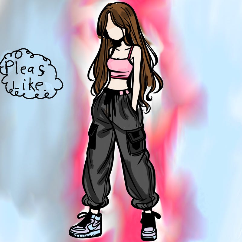 girl in baggy pants crop top and long hair