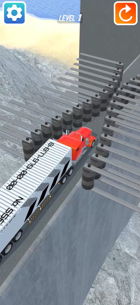 Crash Master 3D - Red semi truck driving through obstacles in Crash Master 3D level one