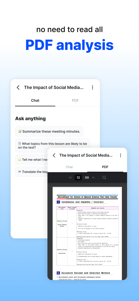 daglo, All-in-one AI - Interfaz de la aplicación daglo que muestra análisis de PDF con IA y una función de chat para resumir documentos y hacer preguntas.