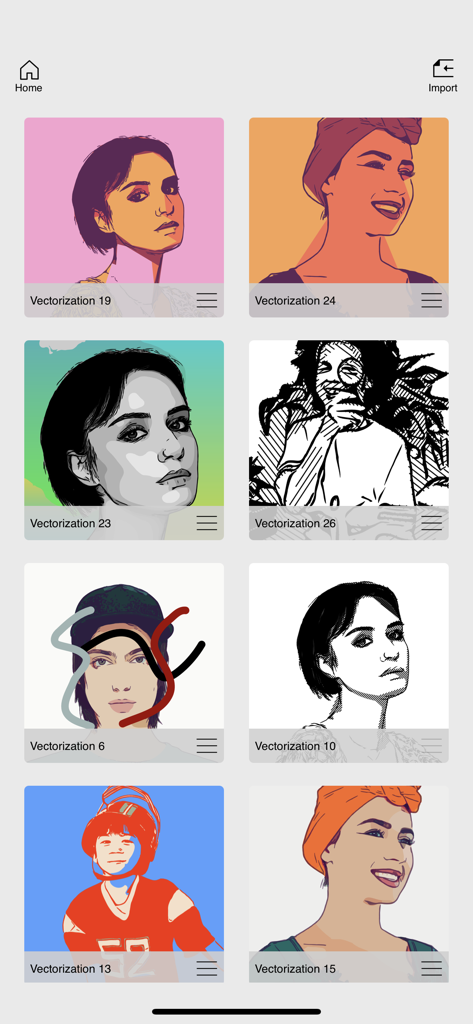 A gallery of stylized portraits showcasing different vectorization and pop-art filters in the Imaengine app