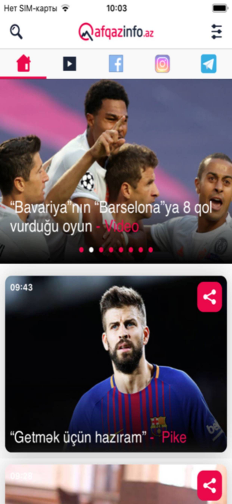 Qafqazinfo.az - Mobile interface of the Qafqazinfo.az news app featuring sports news headlines in Azerbaijani