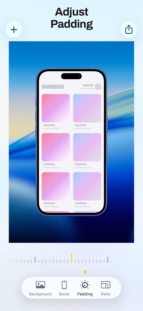 Interface of Bezel app showing how to adjust padding for an iPhone screenshot frame