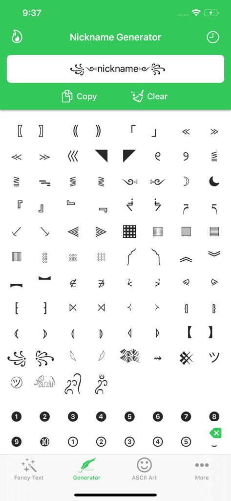 User interface of the fancy text symbols app showing the nickname generator screen with decorative characters