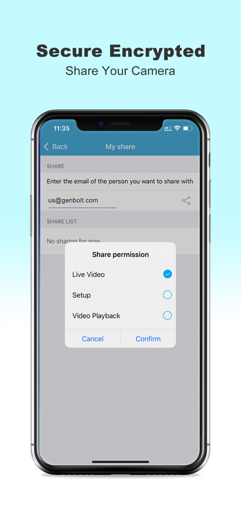 GENBOLT CAM app screen showing camera sharing settings and user permissions