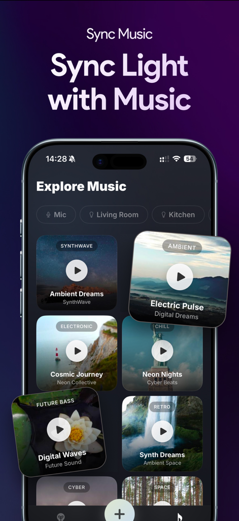 LED Light Controller & Remote - LED light controller app showing music synchronization with different mood categories