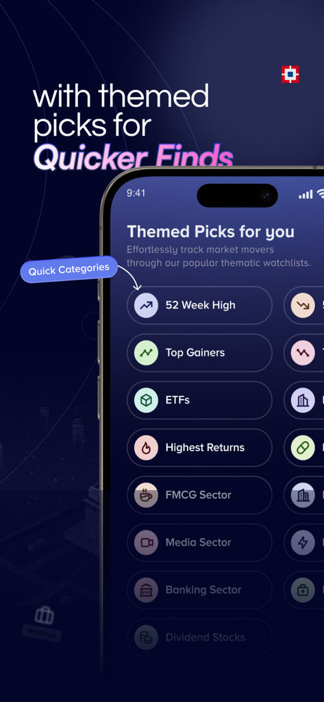 HDFC Securities InvestRight - HDFC Securities InvestRight app screen showing themed investment picks and stock market categories like Top Gainers and ETFs