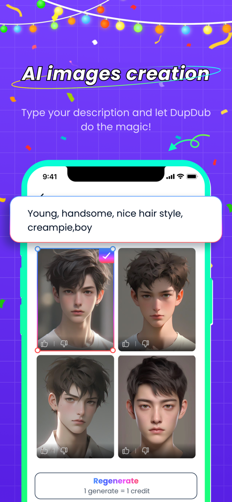 DupDub Lab - Talking Photos - Interface do aplicativo DupDub Lab mostrando o recurso de criação de imagem por IA com quatro retratos de avatares masculinos gerados com base em um prompt de texto.