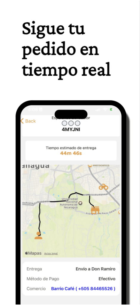 Speedy Delivery: Pide Online - Aplicación móvil Speedy Delivery mostrando el rastreo en tiempo real de una entrega de comida en un mapa con hora estimada de llegada.